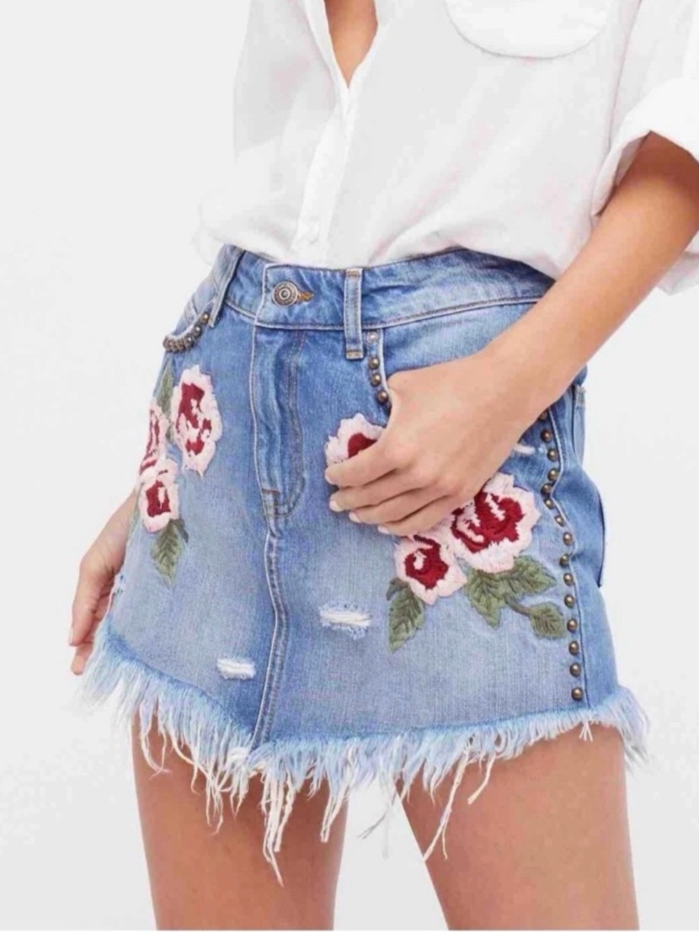 Free People Wild Rose Embroidered Studded Denim Mini Skirt